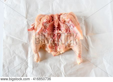 Fresh Raw Whole Chicken Cutting Half For Grill On White Paper. Ingredeint Concept. Top View