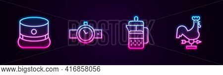 Set Line Kepi, Wrist Watch, French Press And Rooster Weather Vane. Glowing Neon Icon. Vector