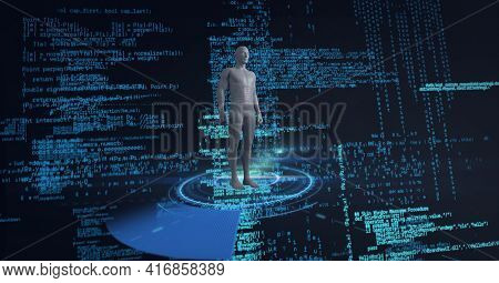 Composition of human model over scope scanning and data processing. global technology, digital interface and data processing concept digitally generated image.