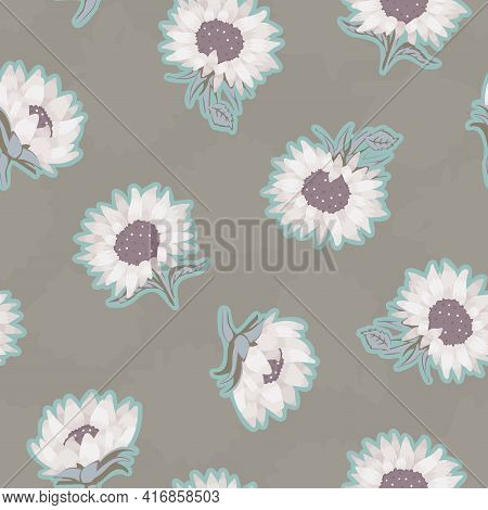 Vector Abstract Bright Sunflowers In Pastel Colors On Brown Seamless Pattern Background. Perfect For