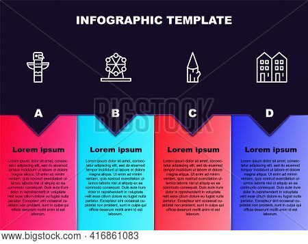 Set Line Canadian Totem Pole, Ferris Wheel, Wooden Log And House. Business Infographic Template. Vec