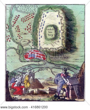 Map of Donauworth, vintage engraving.
