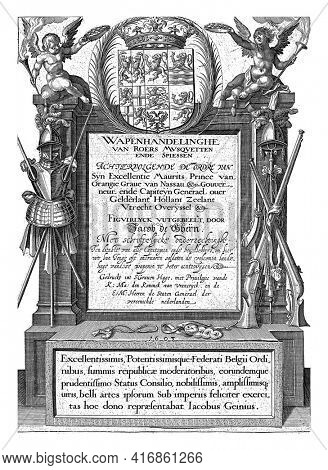 Title page of Jacob de Gheyns Wapenactiehe van Roers Musquetten ende spiessen, vintage engraving.