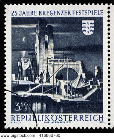 ZAGREB, CROATIA - SEPTEMBER 09, 2014: Stamp printed in the Austria shows Bregenz Festival Stage, 25th Anniversary of Bregenz Festival, circa 1970