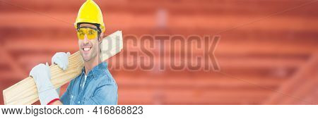 Smilling caucasian male construction worker holding wood planck , construction site background. digitally generate image