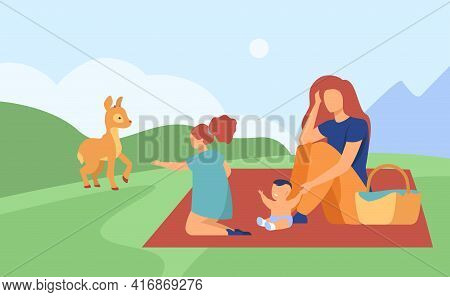 Mother With Two Children Relaxing On Nature. Picnic, Deer, Love Flat Vector Illustration. Family And