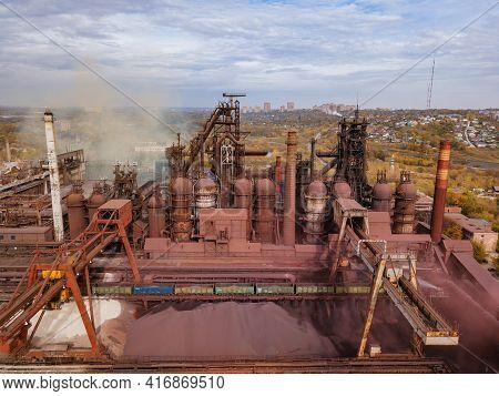 Metallurgical Plant With Blast Furnace, Drone Aerial View