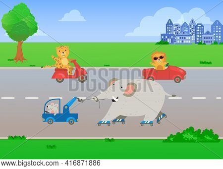 Cute Cartoon Cat Flying Helicopter Over Autumn Landscape. Animal In Scarf On Helicopter, Village In 