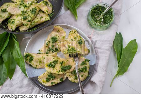 Pierogi Ruskie, Baked Dumplings Stuffed With Curd Cheese And Potatoes And Wild Garlic