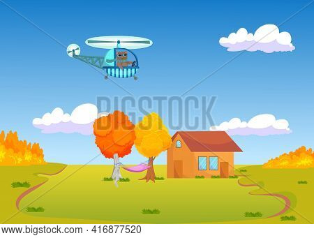 Cute Cartoon Cat Flying Helicopter Over Autumn Landscape. Animal In Scarf On Helicopter, Village In 