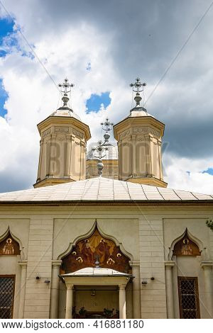 Architectural Details, Beautiful View Of An Orthodox Church Monastery Near Bucharest, Romania, 2021