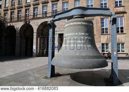 Bochum, Germany - September 17, 2020: Gigantic Bell In Front Of The City Hall In Downtown Bochum, Ge