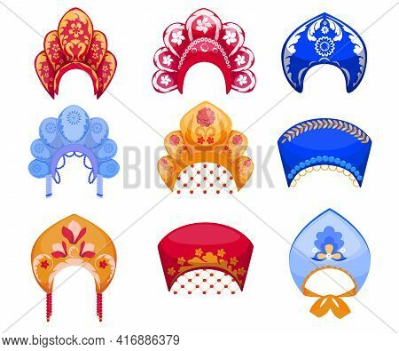 Cartoon Set Of Kokoshniks, Traditional Russian Woman Headdress. Flat Vector Illustration. Different 