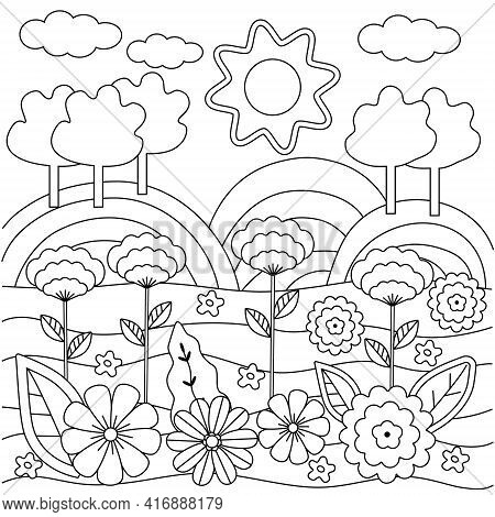 Cute Children's Coloring Book With Cloud, Sun, Mountains, Flowers And Grass. For Young Children-the 