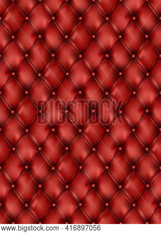 Tufted Leather Red Furniture Semaless Pattern Background. Buttons Sofa Texture. Vector. Cushion Eleg
