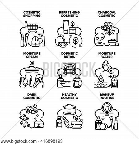 Cosmetic Retail Set Icons Vector Illustrations. Healthy Cosmetic Cream And Refreshing Dark Charcoal 