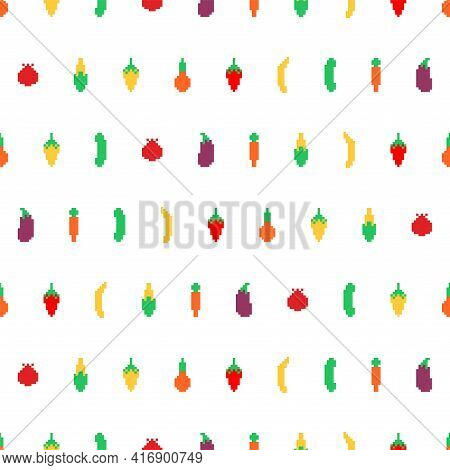 Vegetables Pattern Pixel Art. Carrots And Corn 8bit Background. Pepper And Cucumber 8 Bit Texture