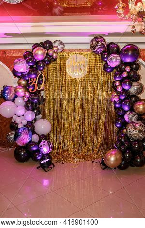 Wedding Arch Made Of Colorful Inflatable Balloons. Celebration Of A Children's Party. Arch Made With