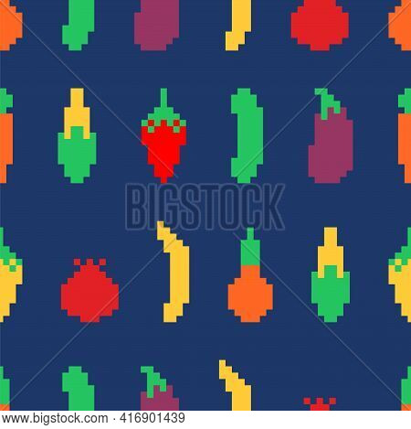 Vegetables Pattern Pixel Art. Carrots And Corn 8bit Background. Pepper And Cucumber 8 Bit Texture