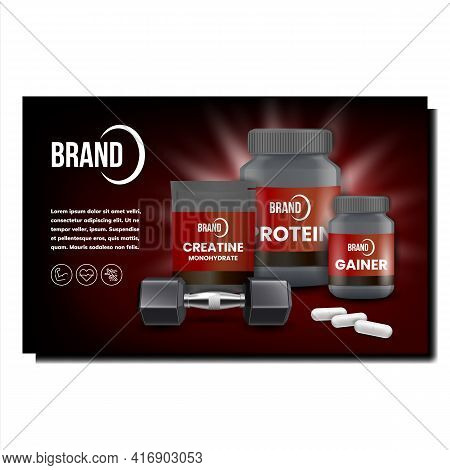 Sport Supplement Creative Promo Banner Vector. Protein And Gainer, Creatine Monohydrate Pills Blank 