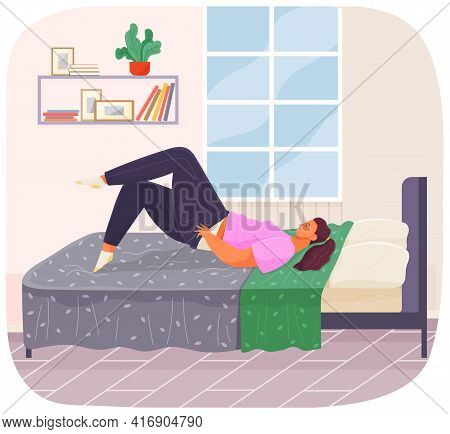 Thick Girl Puts On Skinny Jeans Lies On Bed, Young Fat Woman Relaxing In Mattress In Bedroom