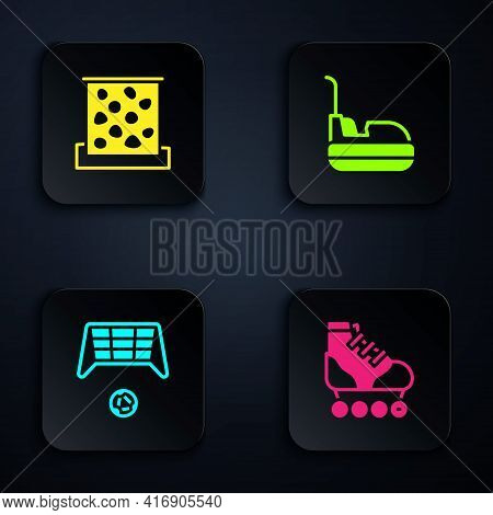 Set Roller Skate, Climbing Wall, Soccer Goal With Ball And Bumper Car. Black Square Button. Vector