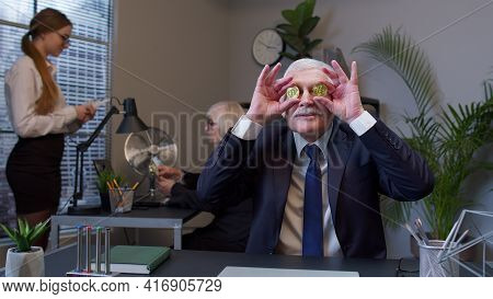 Funny Business Man Entrepreneur Dancing, Fooling Around, Making Silly Faces With Bitcoin Coints. Sen