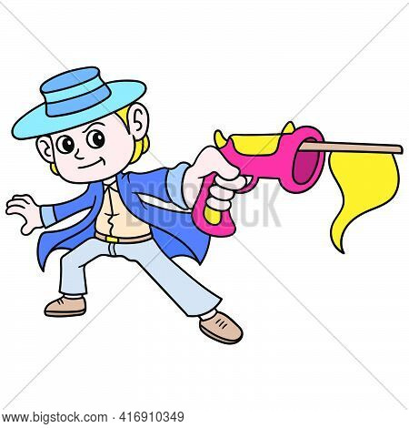 Cowboy Carrying Gun With Feint Shot, Doodle Draw Kawaii. Vector Illustration Art
