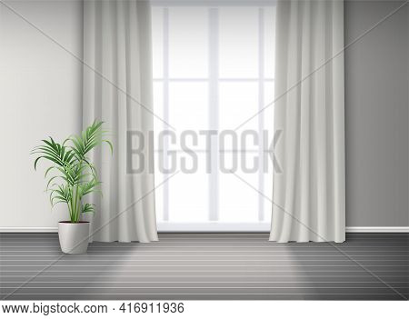 3d Realistic Vector Room Interior With Big Window With Light And Curtains And Potted Plant On The Fl