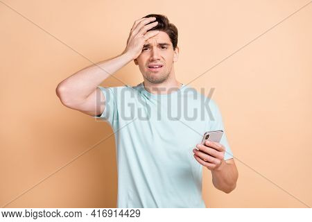 Portrait Of Disappointed Guy Influenzer Using Device Browsing Media Fake News Oops Fail Isolated Ove