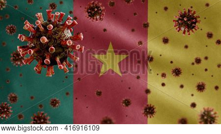 3D, Flu Coronavirus Floating Over Cameroonian Flag. Cameroon Pandemic Covid 19