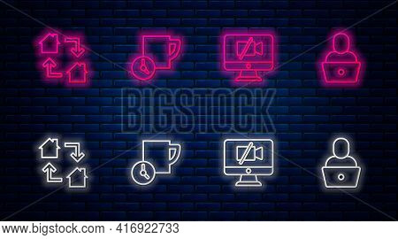 Set Line Time Management, Video Camera Off On Computer, Online Working And Freelancer. Glowing Neon 