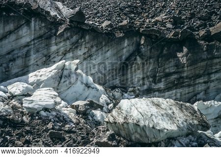 Nature Background With Icefall Near Glacier Wall With Cracks And Scratches. Natural Backdrop With Ic