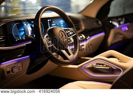 Moscow, Russia - December 24, 2019: Close-up Of Premium Led Ambiant Light Empty Interior Of Premium 