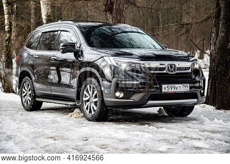 Moscow, Russia - February 2, 2020: Exterior Of The New Premium Suv Honda Pilot In Winter Forest Land