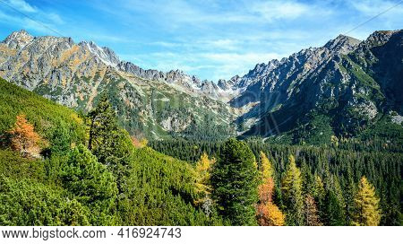 Majestic Panoramic View Of National Park High Tatras Mountains Near Popradske Pleso In Slovakia On A