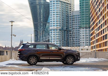 Moscow, Russia - March 18, 2021: New Flagship Seven-seater Minivan Chery Tiggo 8 Pro. Chinese Car In