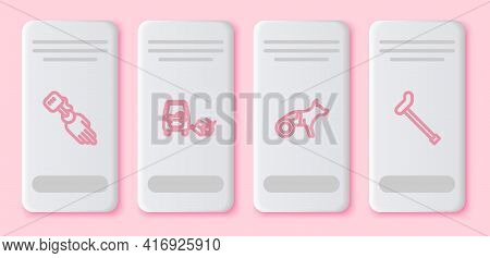Set Line Prosthesis Hand, Disabled Car, Dog In Wheelchair And Walking Stick Cane. White Rectangle Bu