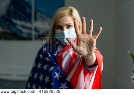 Blonde Girl In Face Mask With Usa Flag.