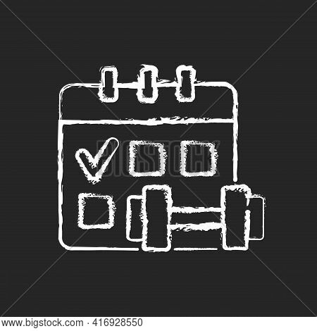 Regular Exercise Chalk White Icon On Black Background. Calendar To Track Gym Attendance. Routine For