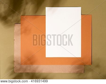 Minimalist Styled Mockup Or Greeting Card Design With Soft Shadow. Neutral Earth Tone Mock Up On Oli