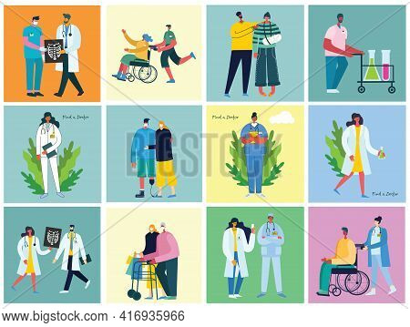 Vector Background With Disabled People, Young Handycap Persons And Friends Near Helping. World Disab