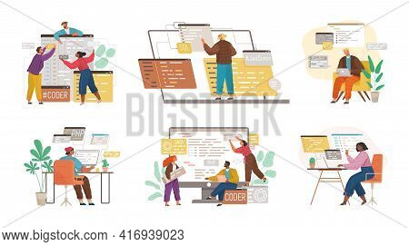 Programmer Engineering And Coding. Set Of Programmers Working On Web Development On Computers