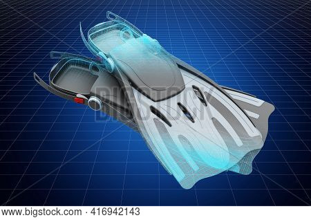 Visualization 3d Cad Model Of Flippers, Swimfins, Blueprint. 3d Rendering