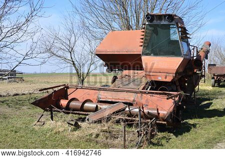 Old Rusty Disassembled Combine Harvester.old Soviet Combine 