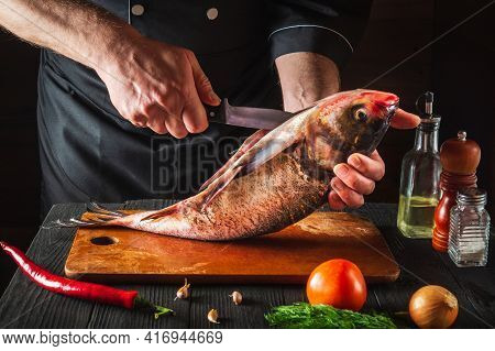 The Chef Is Cleaning A Bighead Carp Fish. Working Environment In The Restaurant Kitchen. Fish Diet C