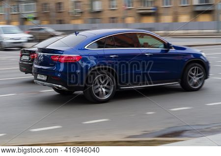 Moscow , Russia - April 30, 2020: Blue Mercedes-benz Gle Class On The City Road. Fast Moving Mercede