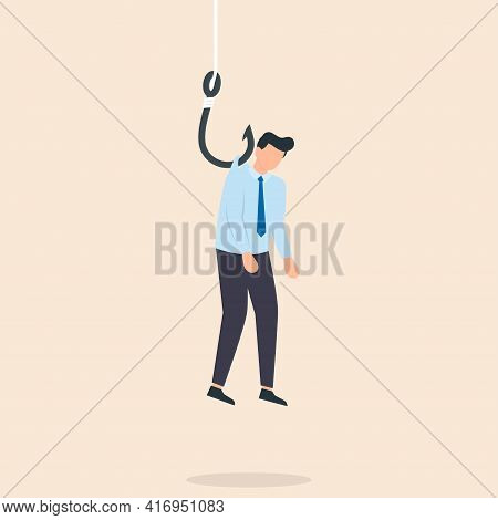 Businessman Hanging On Fishing Hook Feeling Depressed. Stress, Failure And Personal Weakness Concept