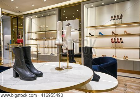 KUALA LUMPUR, MALAYSIA - CIRCA JANUARY, 2020: interior shot of Stuart Weitzman store at Suria KLCC shopping mall in Kuala Lumpur.