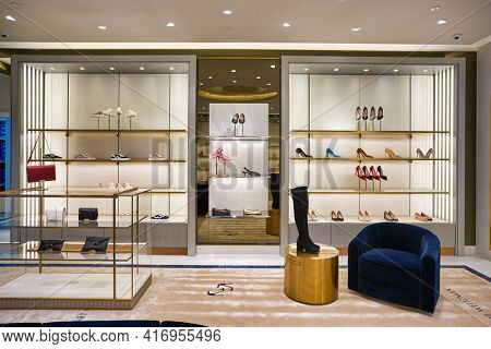 KUALA LUMPUR, MALAYSIA - CIRCA JANUARY, 2020: interior shot of Stuart Weitzman store at Suria KLCC shopping mall in Kuala Lumpur.